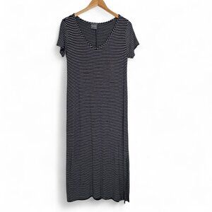 Olivia Rae Midi Dress Navy Blue White Striped Size L Comfy Stretch Nautical Fall